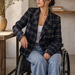 Jones New York navy blue plaid blazer coat